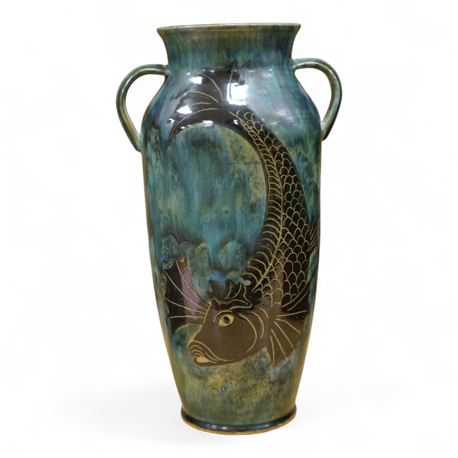 Jane Bridger, a fish designed, green glazed studio pottery two handled vase. 34cm high.